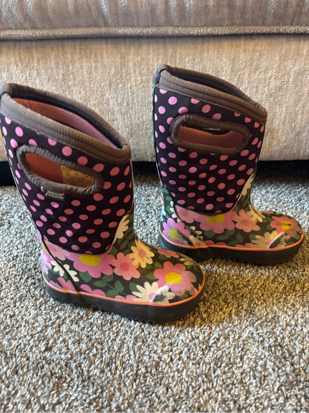 Bogs Kids Black Pink Floral Polka Dot Rain Boots